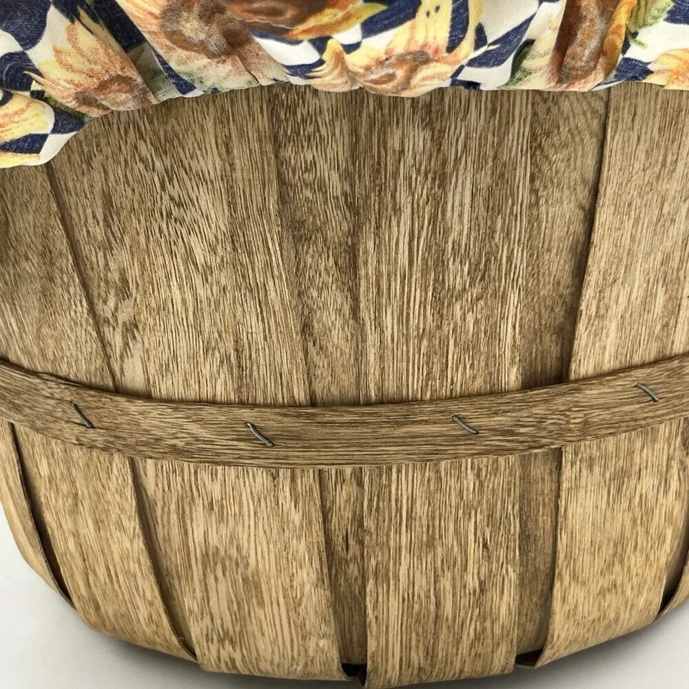 Vintage Half Bushel Sewing Picnic Basket Wooden Handle Sunflower Fabric Lined